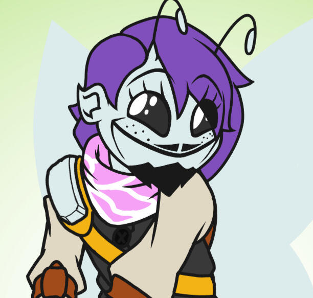 A cropped illustration of Doon’s persona. A small fairy with baby blue skin, he has a bed of long, purple hair, antennae poking out of the bangs and a small moustache & beard to boot. He wears a simple suit vest with a golden ring worn over his shouler.