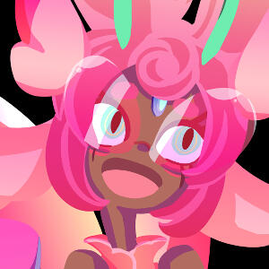 A cropped illustration of Mer’s character Mari dressed as the Pokemon Lurantis. A dark skinned woman with sky blue eyes, she’s dressed top to bottom in pinks. Her hair splits to the sides, framing her face with her rimless, bug-eyed glasses.