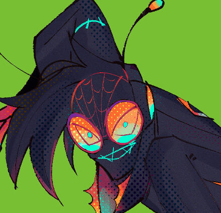 A cropped illustration of TwistedKey’s Spider-Sona. Over a green background, this particular Spider-Man greets the camera with a determined smirk, with black as the base of his suit and his orange & teal tinted mask exposing his long bed of black hair.