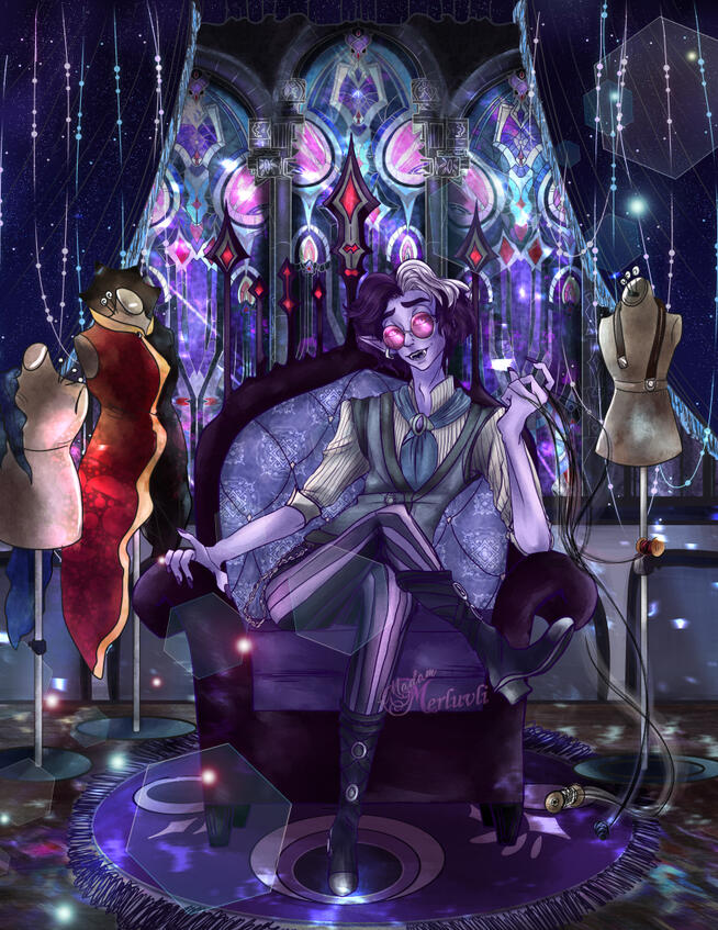 A full view illustration of the character Jel from Palia. A lavender toned man with a thin frame, he wears fancy attire with his purple striped pants, black suit vest & boots with a white shirt underneath the vest and a blue scarf, held by a silver piece o