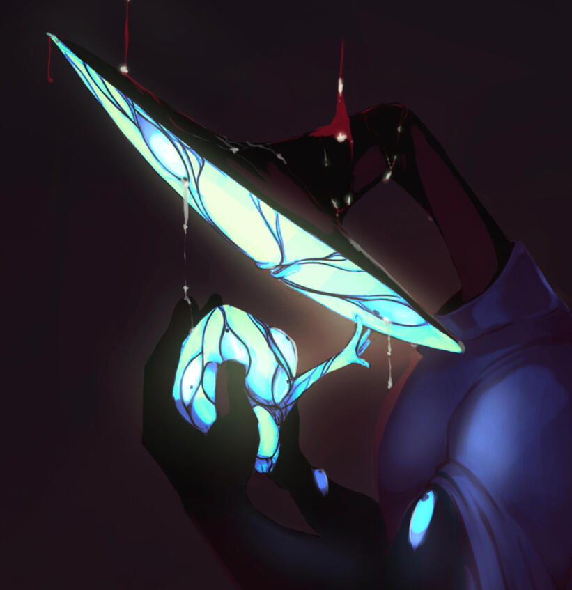 Cropped image of an illustration featuring an unnamed entity. The figure in question is long and slim, donning a long, blue cloak, its head and arms appearing to be black with blue eyes dotted on the arms. The head is large & near flat, the face glowing a