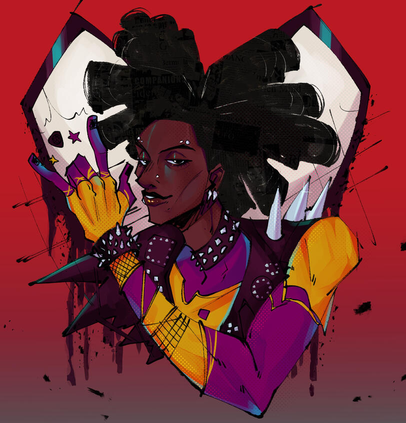 A bust framed illustration featuring the Across The Spider-Verse rendition of Hobie Brown. With a red background with a graffiti styled white heart with a black outline, Hobie is giving the camera the devil horns with a small but playful smile on his pierc