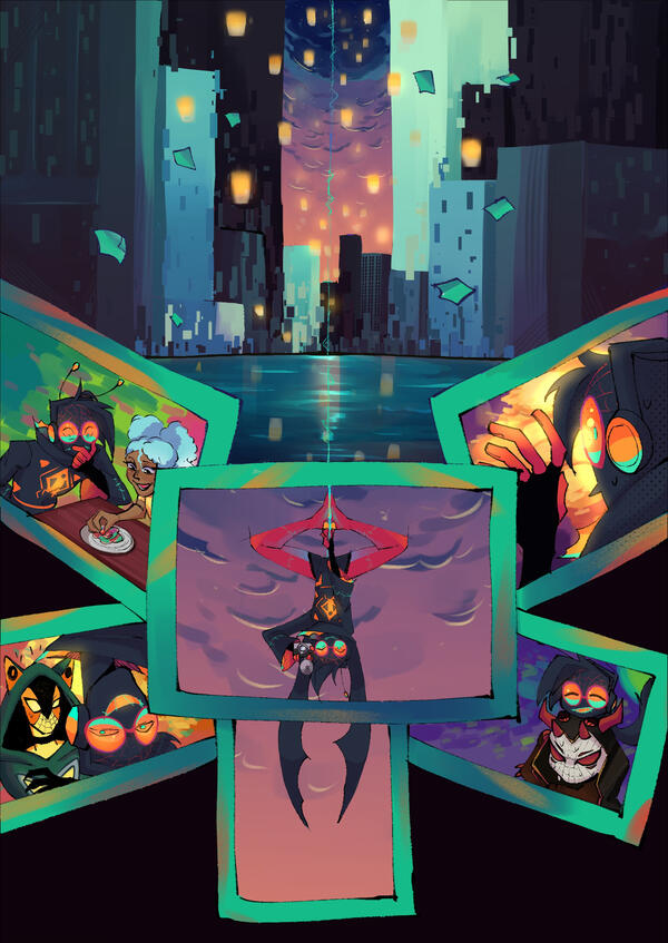 Another illustration featuring not just TwistedKey’s Spider-Sona, but the Spider-Sona of others as well. Above is a city at sunrise, with photographs raining from the sky, all featuring TwistedKey’s sona hanging out with the aforementioned others, with 5 i