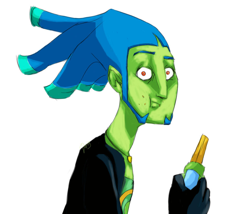 A half view piece of the character Zuke from No Straight Roads. A tall, green man with blue, blocky hair and a black coat & glove, he’s staring at the camera with an expression of shock in the middle of eating “Shellfish” chips, crumbs sticking beside his
