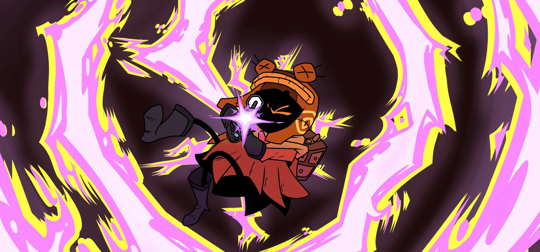 An illustration featuring a player character in the game “Wizard With A Gun”. The titular gunslinger wears a brown poncho with a heart on the collar along with black boots & gloves and a big, cube backpack. Obscuring his face in deep shadow except for his