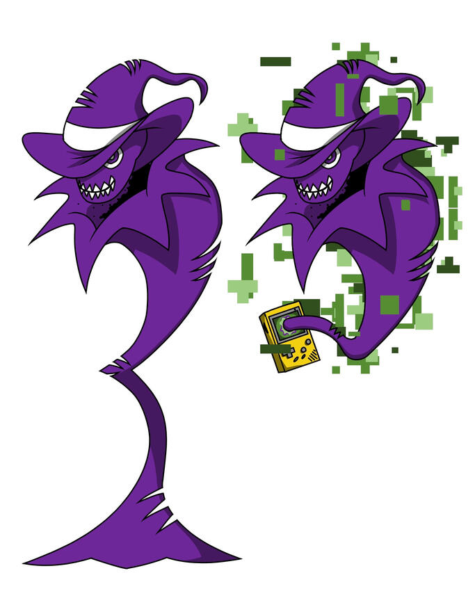 Two sprites for the character Patron Scratch. A purple, ghostly entity, he takes on the silhouette of a sinister wizard with a wide brimmed hat and spikes for his collar and the bottom of his body physical cuts are seen around his body. His head, hovering