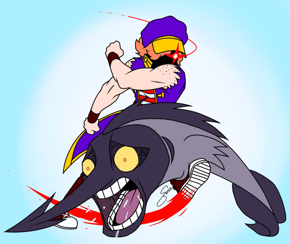 An illustration featuring Doon’s table top player character, Belle Pepper. A small, strong woman with orange hair and a purple hair & ringleader coat over her red & white Strongwoman outfit, her face is obscured by shadow, her eye illuminated by a sinister