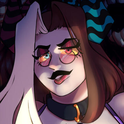 A cropped image of Valentine’s feminine sona. A human with long, brown hair that’s highlighted blond on one side, with red & blue horns with black stripes on each side of his head. Above his black choker, is his black lips, maroon coloured eyeshadow and sm